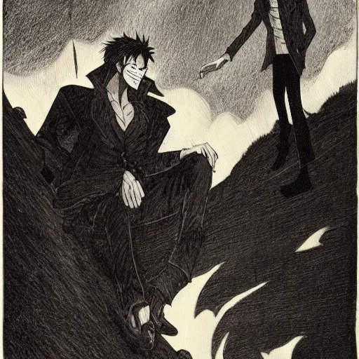 Image similar to two young men, one man human, one man vampire, night, on a birdge, in the style of one piece
