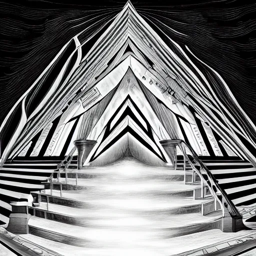 Image similar to A black and white freemasonic chequered surrealist digital painting of a stairway to into the clouds in the art style of jeff koons, Gilbert williams, Edwin Frederic Church and Christopher Balaskas, trending on artstation, 4k UHD