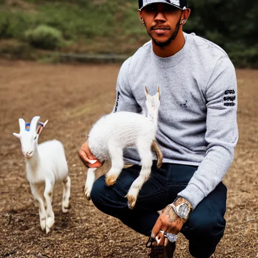 Image similar to lewis hamilton holding a baby goat, ( sony a 7 r iv, symmetric balance, polarizing filter, photolab, lightroom, 4 k, dolby vision, photography award, vogue )