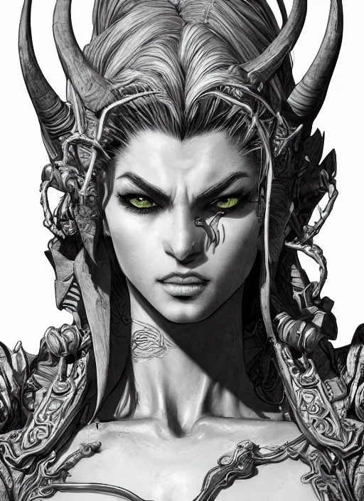 Image similar to close up portrait of a beautiful draenei, powerful, domineering, stoic, masterful, intense, ultrafine hyperdetailed illustration by kim jung gi, irakli nadar, intricate linework, sharp focus, octopath traveler, yoji shinkawa, highly rendered, detailed, concept art