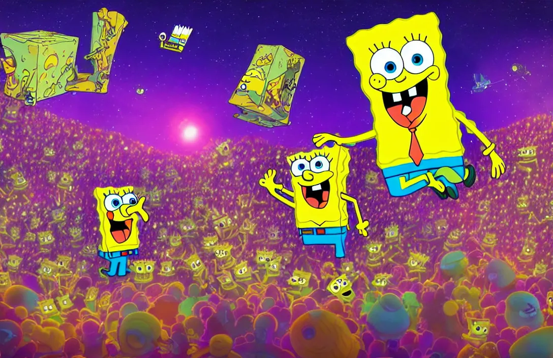 Prompt: spongebob rock concert on the moon, shot taken from behind spongebob on the stage looking the crowd, concert lighting, digital art, highly detailed, concept art, nickelodean style, party atmosphere, dark sky