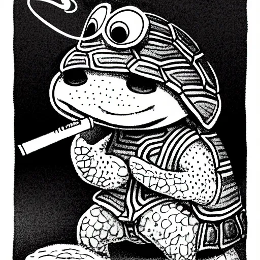 Image similar to storybook illustration of a turtle smoking a cigarette, storybook illustration, monochromatic, black and white