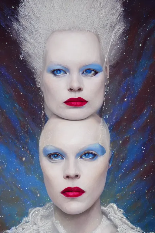 Prompt: hyperrealism oil painting, close - up portrait of albino queen medieval fashion model, knight, steel gradient mixed with nebula sky, in style of baroque