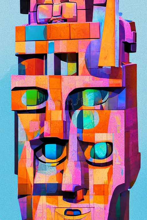 Image similar to cubist moai statue cutout digital illustration cartoon colorful beeple