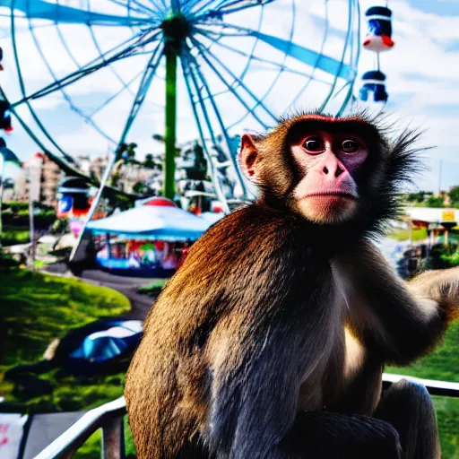 Image similar to A high-quality photo of a monkey taking a selfie on a ferris wheel on a sunny day