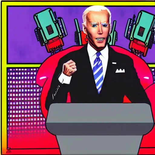 Prompt: A cyberpunk cybernetically-enhanced android Joe Biden giving a speech to a city, pop art, synthwave, painting