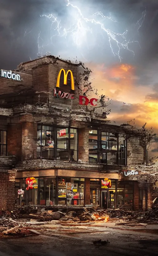 Prompt: beautiful epic photo of uk mcdonalds in an apocalypse. thunder, lightning, fantasy art, hd, hq. very detailed.