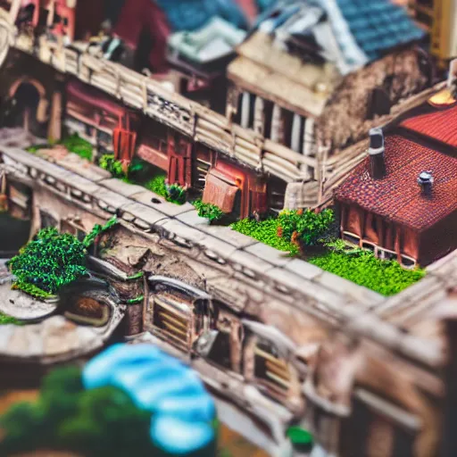 Image similar to macro photo of a miniature secret hidden world with tiny buildings and people on a steak