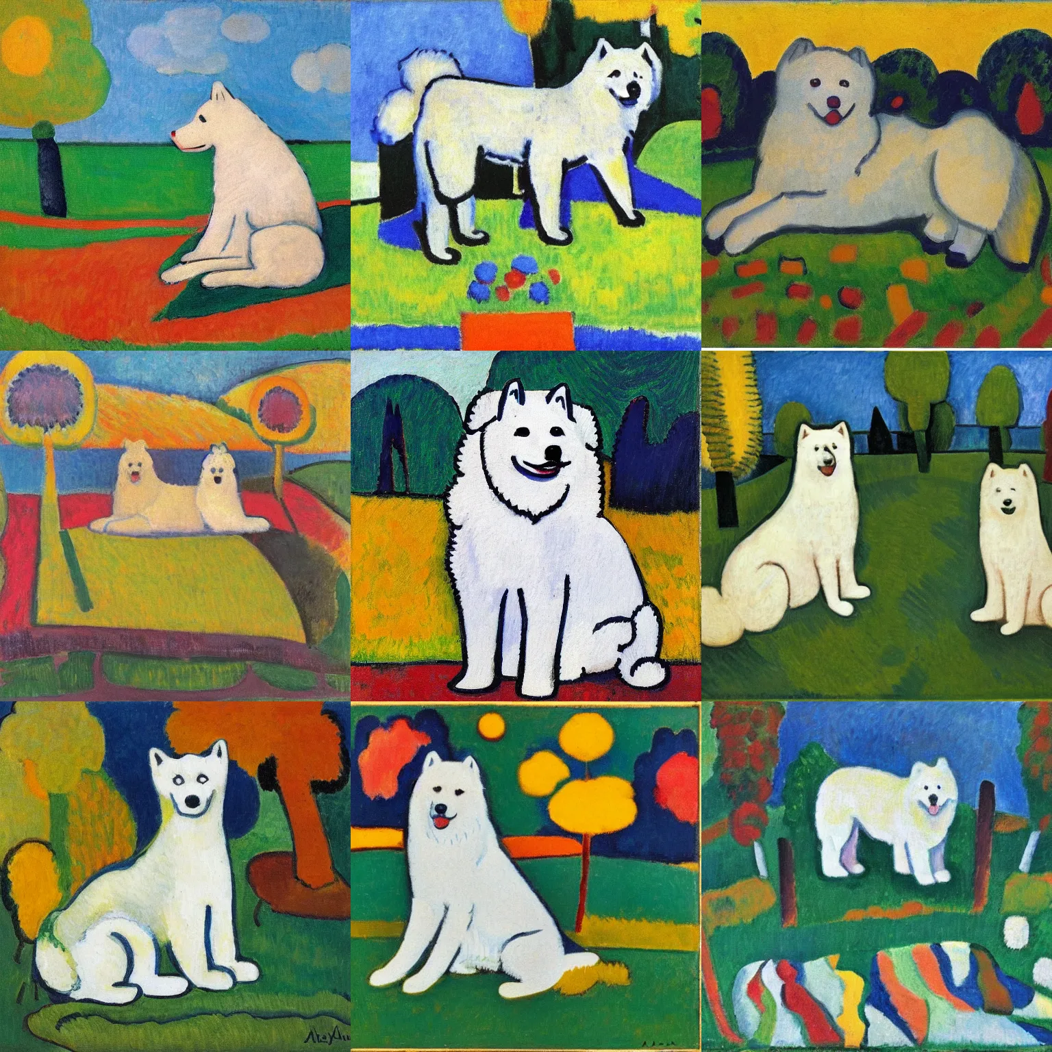 Prompt: a samoyed dog sitting in the middle of sunny meadow, by alexej von jawlensky