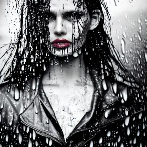 Image similar to close up of face of a wet fashion model in luxury dress, heavy rain, dramatic lighting, official dior editorial, highly detailed