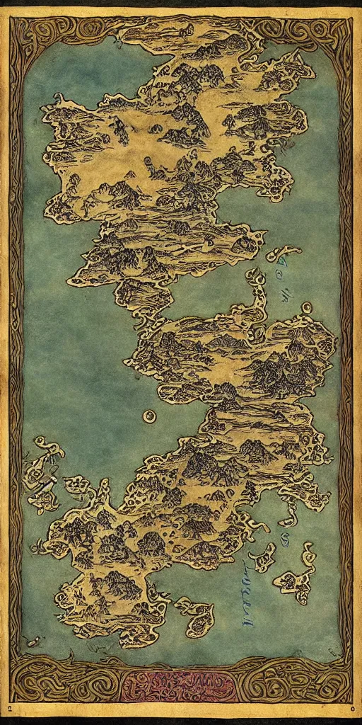 Prompt: fantasy map of an ancient land of Odrua in the Fantasy world of Lute, showing continents archipelagos cities mountains deserts rivers coastlines kingdoms, a central musical land, vast oceans with kraken, in the style of the Vatican Map Room paintings by JRR Tolkien by Brian Froud