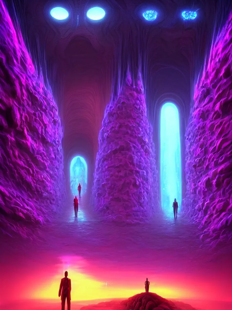 Image similar to entrance to ethereal realm, matrix sentient, rendered in unreal engine, central composition, symmetrical composition, dreamy colorful cyberpunk colors, 6 point perspective, fantasy landscape with anthropomorphic!!! terrain!!! in the styles of igor morski, jim warren and rob gonsalves, intricate, hyperrealistic, volumetric lighting, neon ambiance, distinct horizon