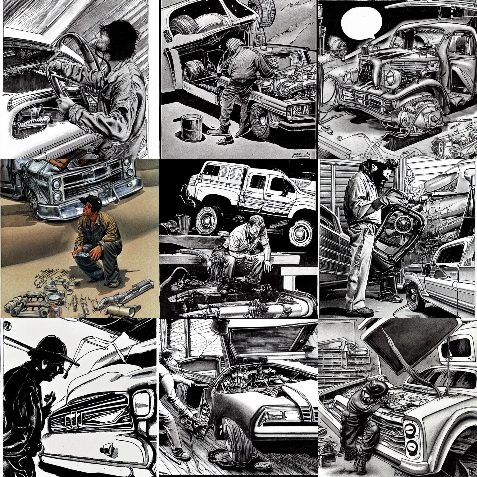 Prompt: greasy mechanic working on a broken futuristic truck by bernie wrightson