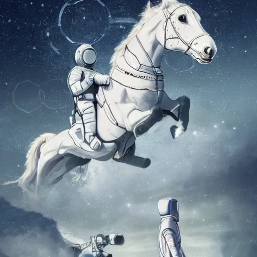 Prompt: illustration split in the middle horse on the top part astronaut on the bottom part astronaut in the center of frame beautiful, high detailed, illustration artstation, shaped picture, sci - fi, futuristic