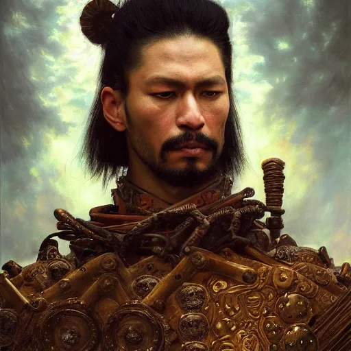 Image similar to highly detailed oil painting | very intricate | cinematic lighting | award - winning | the mayan samurai in full armor | by roberto ferri, by tom bagshaw, by j. c. leyendecker and klimt, beautiful cinematic light, american romanticism, by austin osman spare, artstation, cgsociety, official art, octane