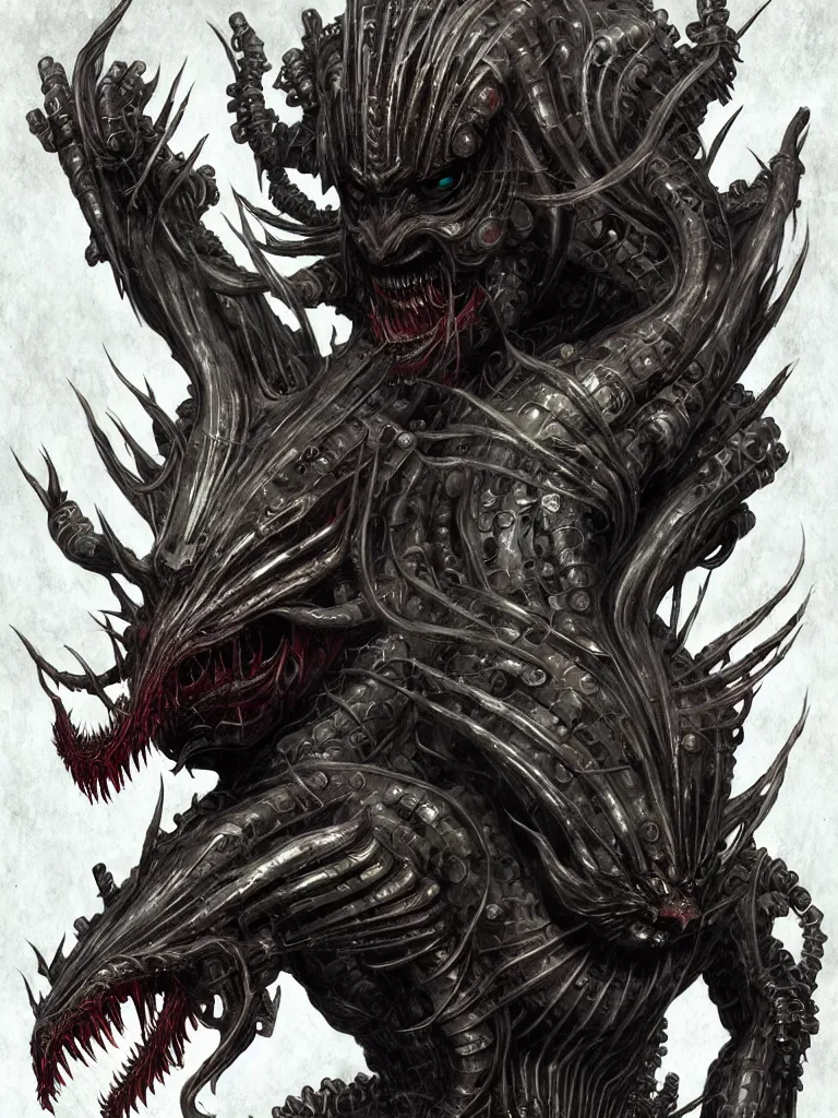 Image similar to exquisite imaginative creature beast from chinese mythology, nanotech demonic monster horror, frontal symmetry, sharp, ghost in the shell, slender and densely arranged teeth, rna bioweapon, poster art, movie art, elegant, illustrated by kentaro miura, game, movie concept art, by brom gerald