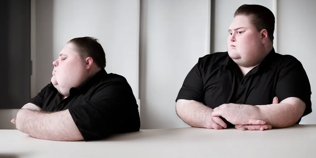 Prompt: low angle establishing shot of a clean shaven man wearing a black cotton shirt, he is sitting at a desk in his bedroom, he is his holding his head within the palm of his hands, he is overworked : : a fat woman is standing scolding the man