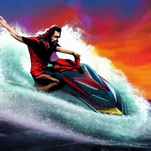 Image similar to morbius riding a jet ski