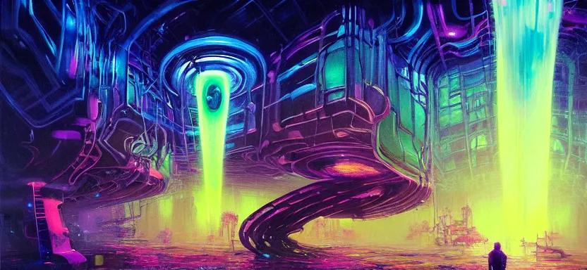 Prompt: beautiful masterpiece painting of an interdimensional wormhole tesseract transport station in a future radioactive glowing swamp, grunge cyberpunk, by Remedios Varo and Anato Finnstark and Greg Rutkowski, dayglo pink, dayglo blue, by Craig Mullins, ilya kuvshinov, krenz cushart, artgerm, 8k, trending on ArtStation