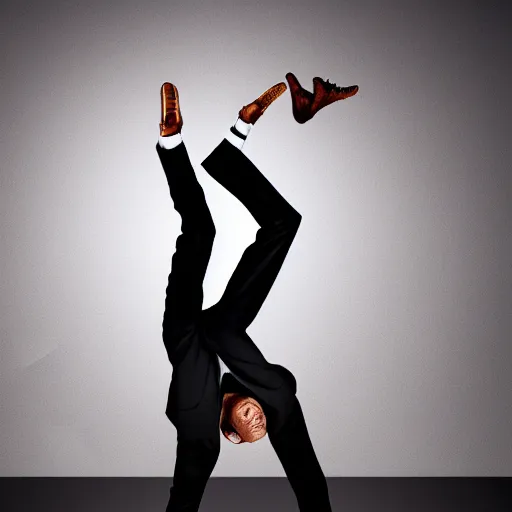 Prompt: invisible man, business suit breakdancing, full body shot, black background, photoreal