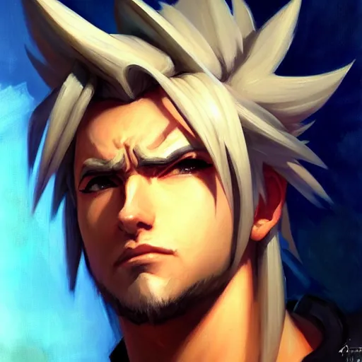 Prompt: Greg Manchess portrait painting o Cloud Strife as Overwatch character, medium shot, asymmetrical, profile picture, Organic Painting, sunny day, Matte Painting, bold shapes, hard edges, street art, trending on artstation, by Huang Guangjian and Gil Elvgren and Sachin Teng