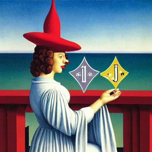 Image similar to An angel with jester hat and clothes on the front of a Balustrade with a beach on the background, major arcana cards, by Rene Magritte, hyperrealistic