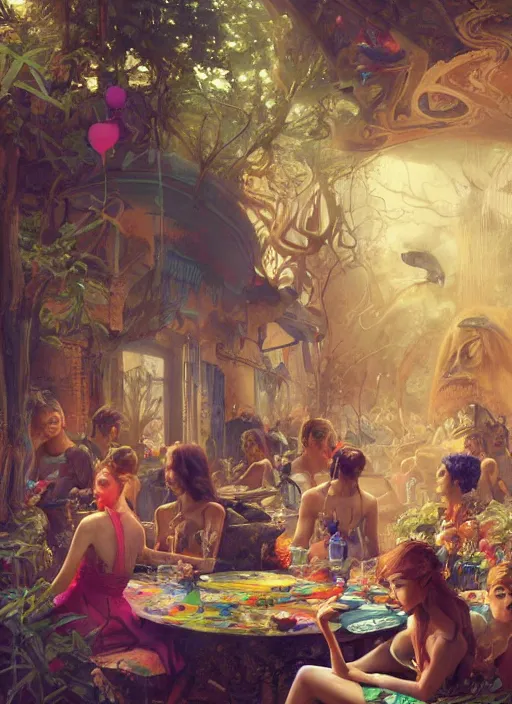 Prompt: beautiful fantasy painting scene of a busy summer day party, by Kenne Gregoire, James Jean, Tran Nguyen, WLOP, Jakub Rebelka. trending on Artstation, 8k, masterpiece, face enhance, graffiti paint, fine detail, full of color, intricate detail, golden ratio illustration