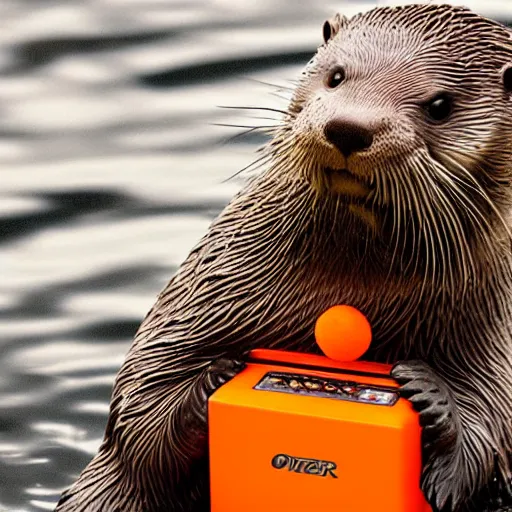 Image similar to otter holding a orange boombox, 4 k, high octane, beautiful