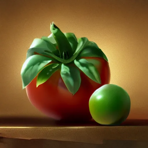 Image similar to a beautiful matte painting of a very beautiful tomato, by steve argyle and mark arian