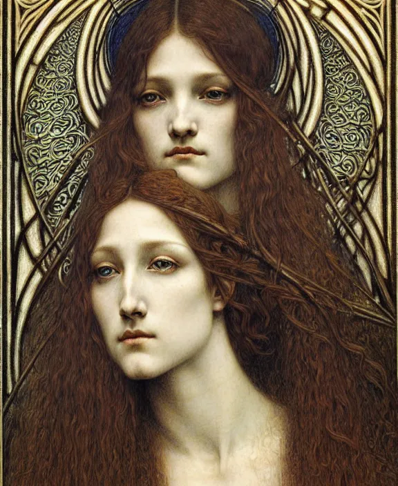 Image similar to detailed realistic beautiful young medieval queen face portrait by jean delville, gustave dore and marco mazzoni, art nouveau, symbolist, visionary, gothic, pre - raphaelite. horizontal symmetry