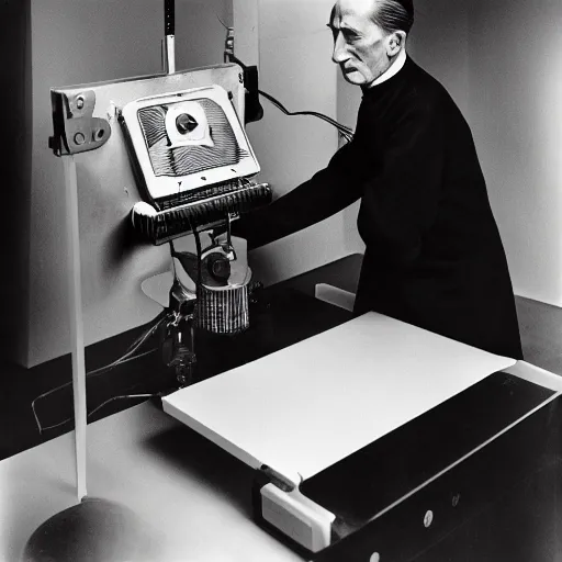 Image similar to Kodachrome portrait of Marcel Duchamp with an technologival machine, archival pigment print in the style of Hito Steyerl, studio shooting, contemporary art