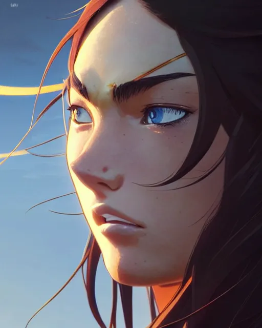 Image similar to azctec warrior, megan fox, detailed perfect face, exquisite details, fire magic, mid view, design on a white background, by studio muti, greg rutkowski makoto shinkai takashi takeuchi studio ghibli