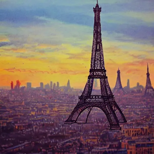 Image similar to decrepit eiffel tower in the foreground, a post apocalyptic paris cityscape after a nuclear war, beautiful radioactive sunset lighting, beautiful painting, fallout