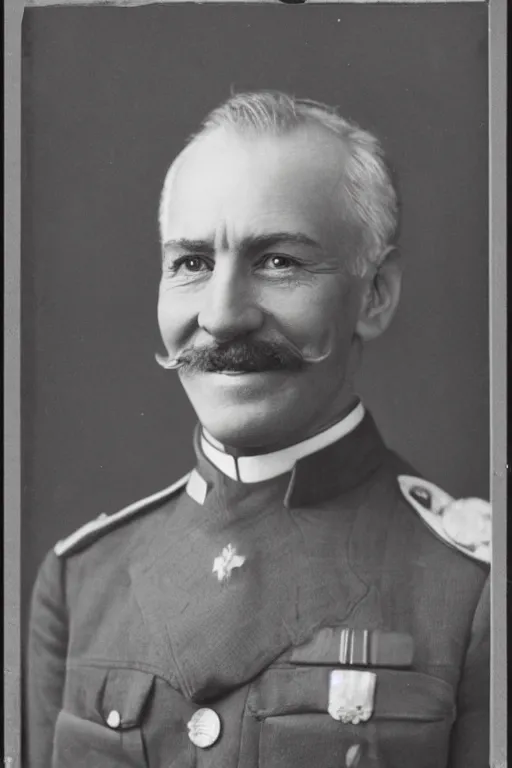 Image similar to official Portrait of a smiling WWI admiral, male, cheerful, happy, detailed face, 20th century, highly detailed, cinematic lighting, photograph, black and white