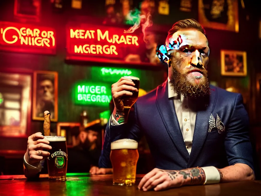 Prompt: a well framed portrait of conor mcgregor drinking a beer and smoking a cigar in an irish pub with a neon bar, trending on art station, in the style of the movie heat, volumetric lighting & shadows, hyper detailed, digital art, unreal engine, 4 0 0 mm f 1. 8,