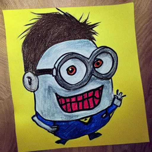 Prompt: “ child ’ s drawing of the joker as a minion dancing down a flight of stairs ”