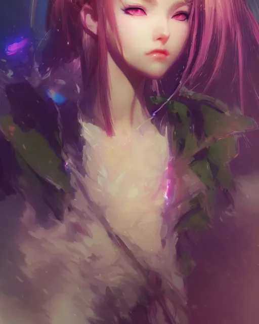 Image similar to portrait of cute girl, beautiful, fantasy, colorful, cinematic lighting, artstation, trending, highly detailed, focus, smooth, by hirohiko araki and yoshitaka amano