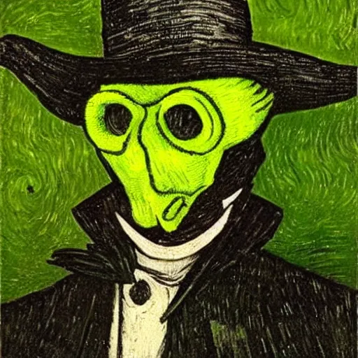 Prompt: gothic plague doctor with a wide brimmed hat clutching a glass vial, bathed in green glow, in the style of vincent van gogh