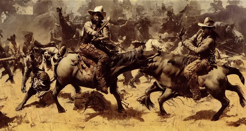 Prompt: hunt showdown cowboys fighting for their life's against a giant pig head butcher, by frank frazetta