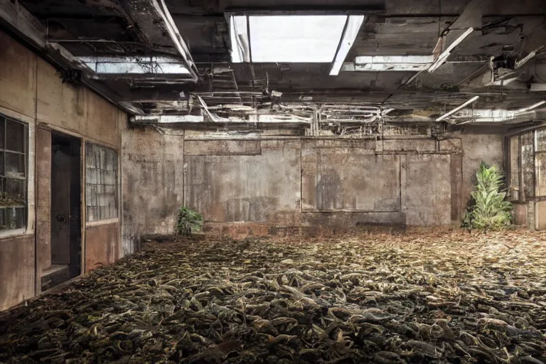 Image similar to national geographic photo of aquarium in dimly lit abandoned industrial room