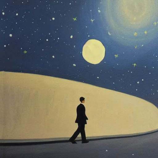 Prompt: a painting of a man walking down a lonely street on another planet and the sky is covered in stars, the head of the man is a skull, he is wearing a suit, in the style of edward hopper, 4 k,