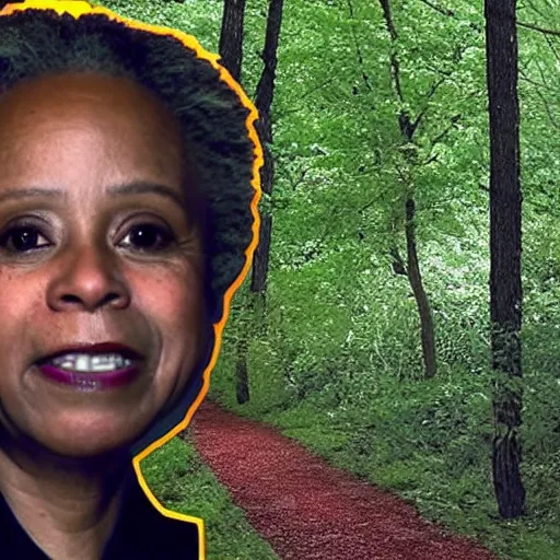 Prompt: chicago mayor lori lightfoot was spotted on woodland trail cam at midnight infrared