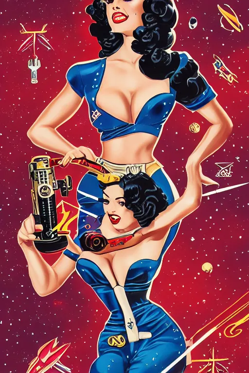 Image similar to old school, traditional style flashes of pinup girl in space holding a lazer pistol by sailor jerry, marina goncharova, vic james, electric martina, heath clifford, filip henningsson, kimi vera