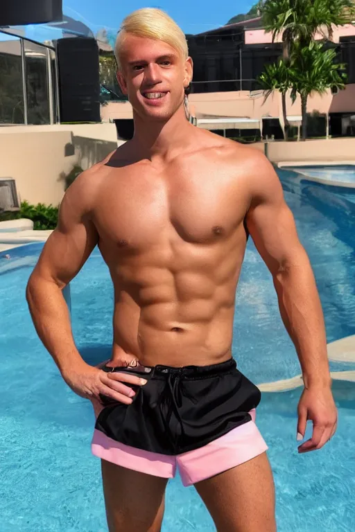 Image similar to a handsome male humanoid android with blonde hair, ken, muscular wearing a cut-off black crop top and short light pink shorts standing by a swimming pool, shiny glossy skin