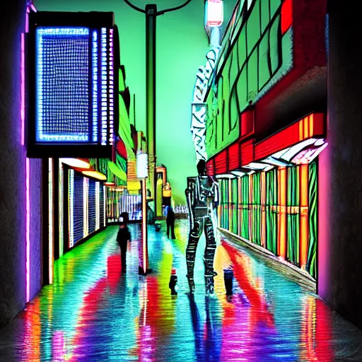 Image similar to ndebele cyberpunk city of the future, 4 0 mm street scene, ndebele neon lights, high definition, detailed, futuristic, night scene, realistic