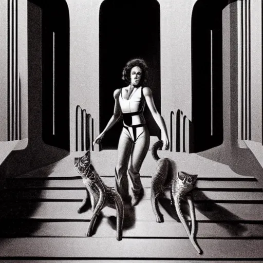 Image similar to detailed still of beautiful Ripley-Sigourney Weaver- wearing a white singlet and cat Jonesy moving apartment New York City 1983, gothic building entrance way Art Deco H.R. Giger, cinematic feel, high octane