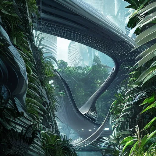 Prompt: epic, ultra detailed, hyper - real alien jungle by zaha hadid and greg rutkowski