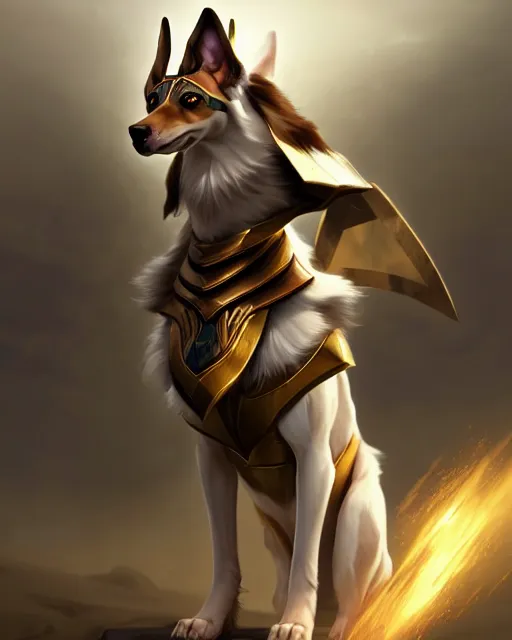 Prompt: nasus the armored egyptian anubis white and brown border collie warrior from videogame league of legends the armored egyptian collie warrior with the face of a white and brown border collie, full body armor, in action attack pose, highly detailed, artstation, cinematic character, by greg rutkowski and charlie bowater