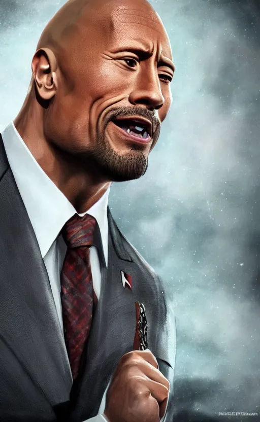 Image similar to dwayne johnson wearing a suit as the president of the united states, dynamic lighting, photorealistic fantasy concept art, trending on art station, stunning visuals, creative, cinematic, ultra detailed