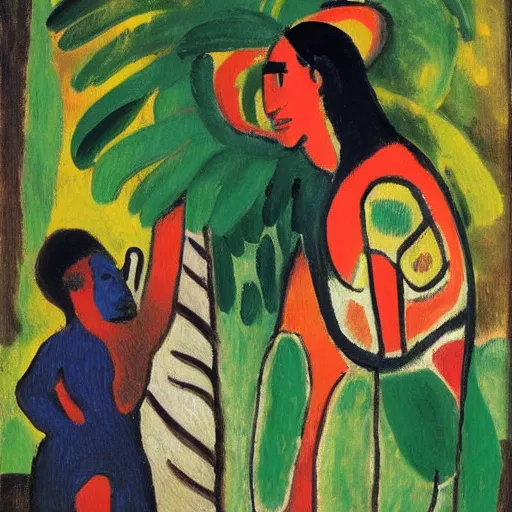 Prompt: painting of a tiger and young native american woman in a jungle by alexej von jawlensky